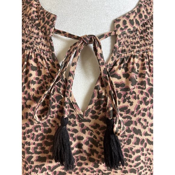 Kachel X Anthropologie Blouse Size 8 Animal Print Keyhole Tassel Smocked Long Sl - Picture 7 of 11